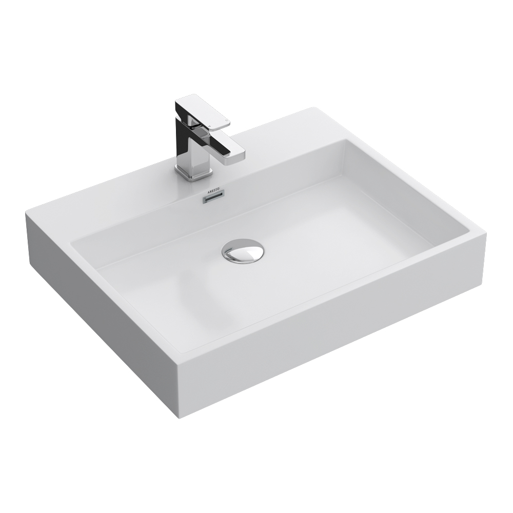 Arezzo Gloss White Counter Top Basin – Square Stone Resin, 600 x 480mm, 1 Tap Hole - Image 2