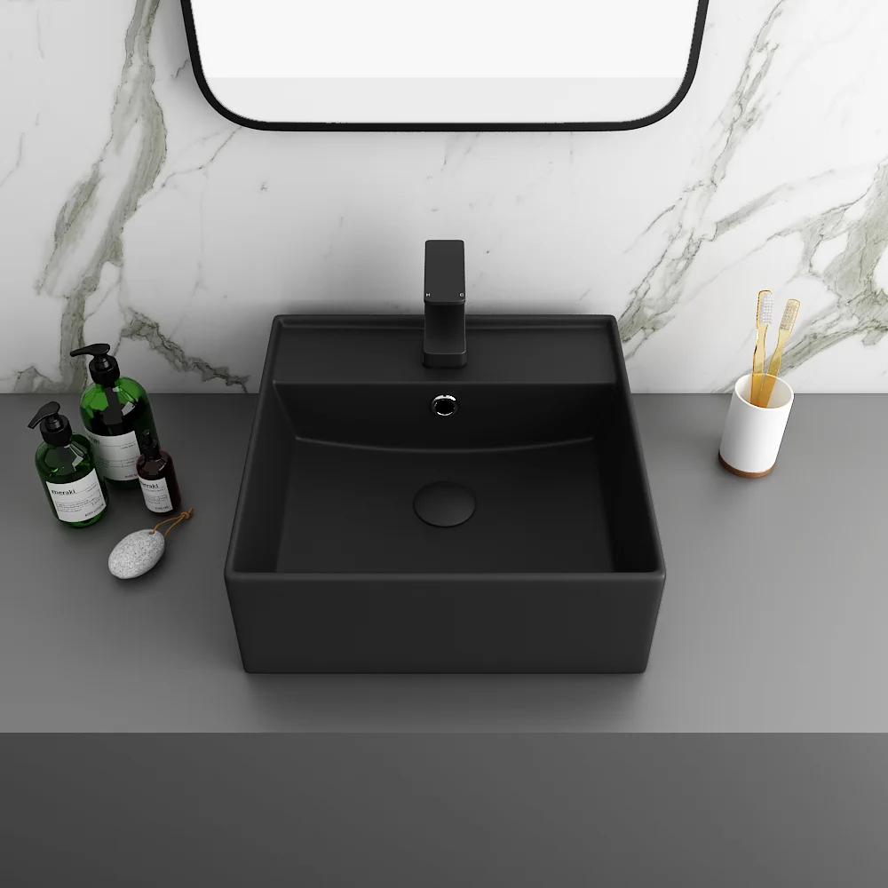Arezzo 405mm Matt Black Square Wall Mounted / Counter Top Basin - Image 2