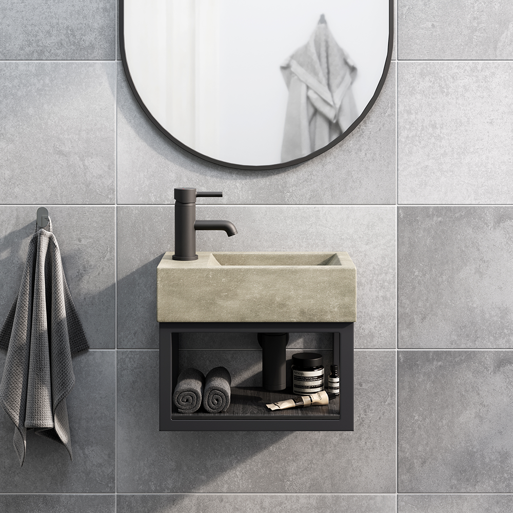 Arezzo Stone Wall Hung Natural Concrete Cloakroom Basin with Matt Black Towel Shelf - Image 7