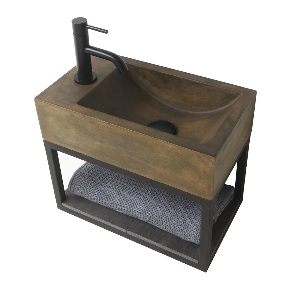 Arezzo Stone Wall Hung Vintage Brown Cloakroom Basin with Matt Black Towel Shelf - Image 5