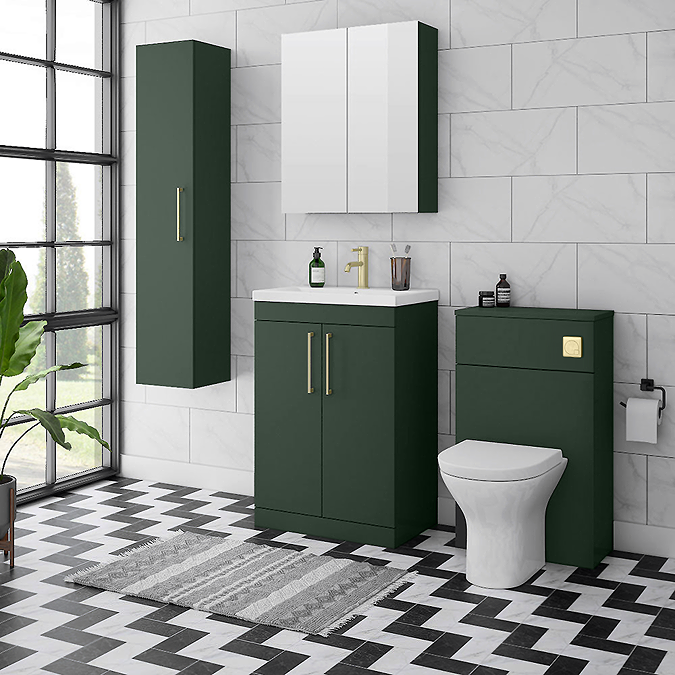 Arezzo 500 Matt Dark Green WC Unit with Cistern, Brushed Brass Flush + Modern Pan - Image 6