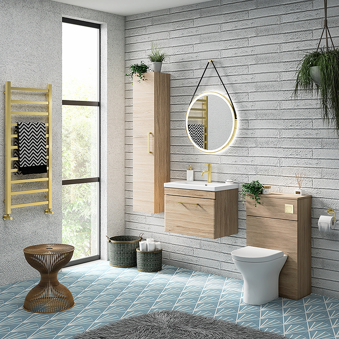 Arezzo 500 Rustic Oak WC Unit with Cistern, Brushed Brass Flush + Modern Pan - Image 6