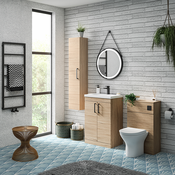Arezzo 500 Rustic Oak WC Unit with Cistern, Matt Black Flush + Modern Pan - Image 6