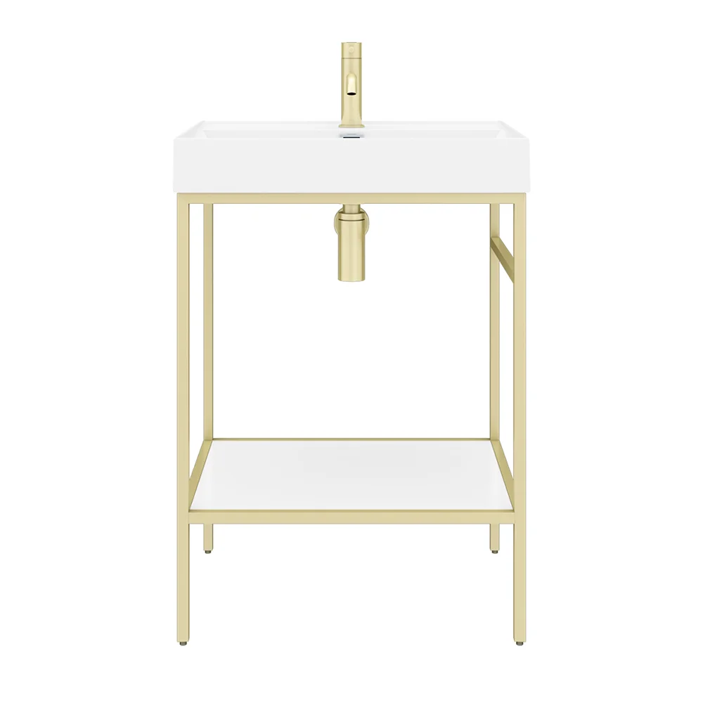 Arezzo 600 Brushed Brass Framed Washstand with Gloss White Open Shelf and Basin - Image 3