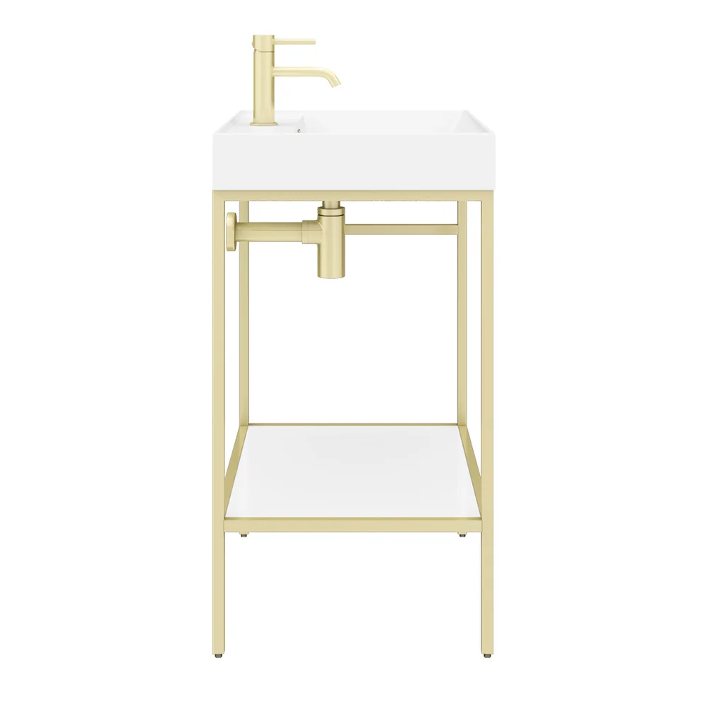 Arezzo 600 Brushed Brass Framed Washstand with Gloss White Open Shelf and Basin - Image 2