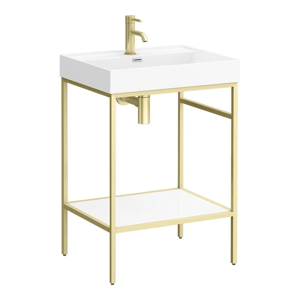Arezzo 600 Brushed Brass Framed Washstand with Gloss White Open Shelf and Basin - Image 5