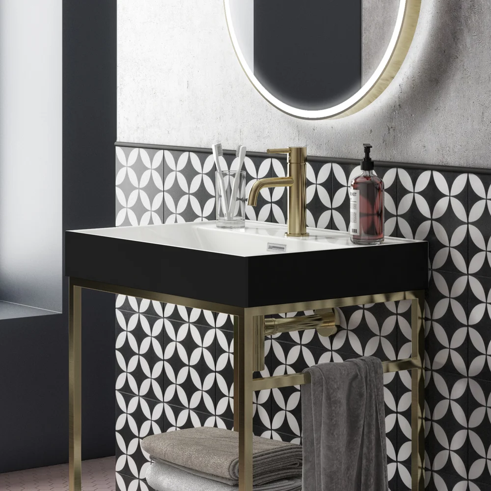Arezzo 600 Brushed Brass Framed Washstand with Gloss White Open Shelf and Matt Black Basin - Image 2