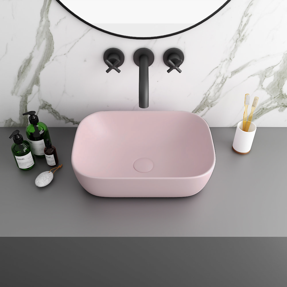 Arezzo Pink Counter Top Basin - 455 x 325mm Curved Ceramic Sink without Tap Hole - Image 3