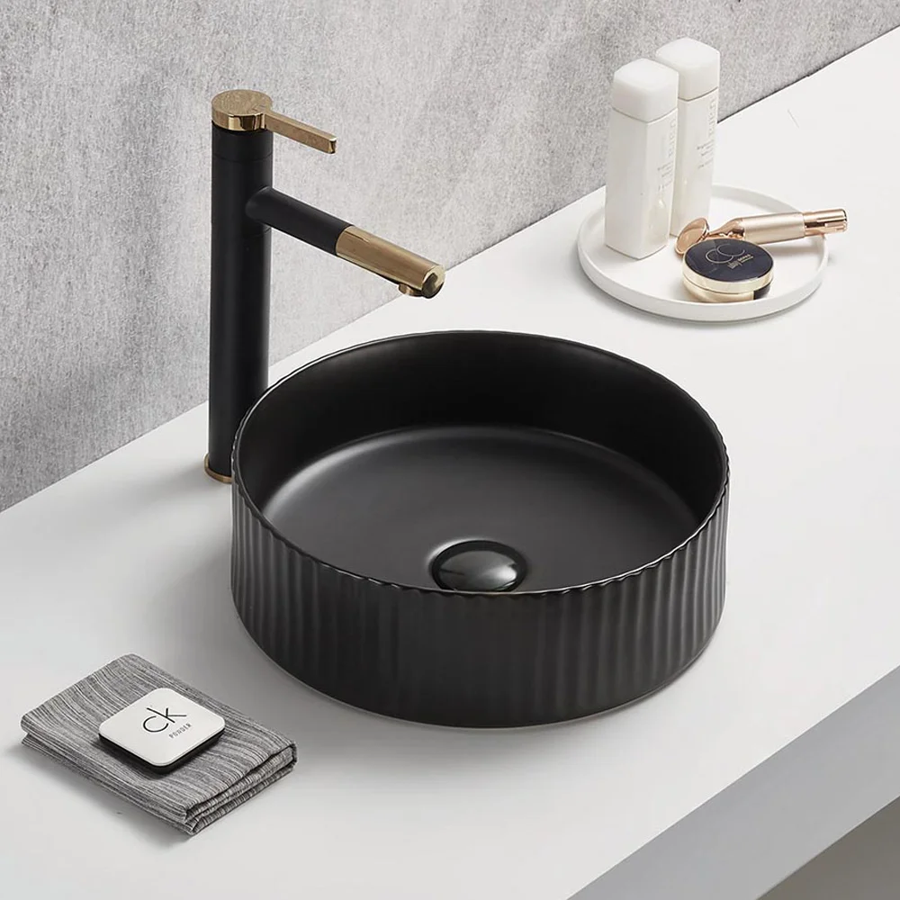 Arezzo Fluted Matt Black Round Countertop Basin - 360mm Diameter - Image 2