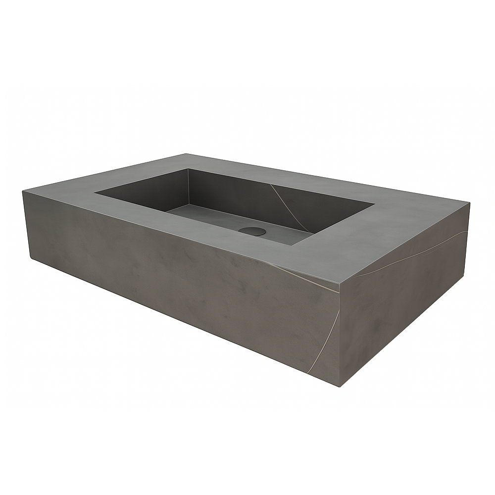 Arezzo Wall Hung Sintered Stone Basin 800 x 460mm - Grey Marble - Image 5