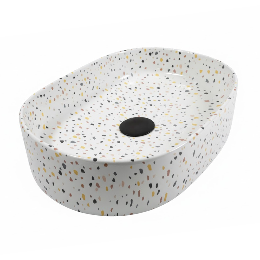 Arezzo Gloss White Terrazzo Effect Oval Countertop Basin – 600 x 380mm Ceramic Sink - Image 2