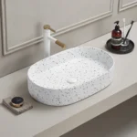 Arezzo Gloss White Terrazzo Effect Oval Countertop Basin – 600 x 380mm Ceramic Sink