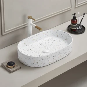 Arezzo Gloss White Terrazzo Effect Oval Countertop Basin – 600 x 380mm Ceramic Sink