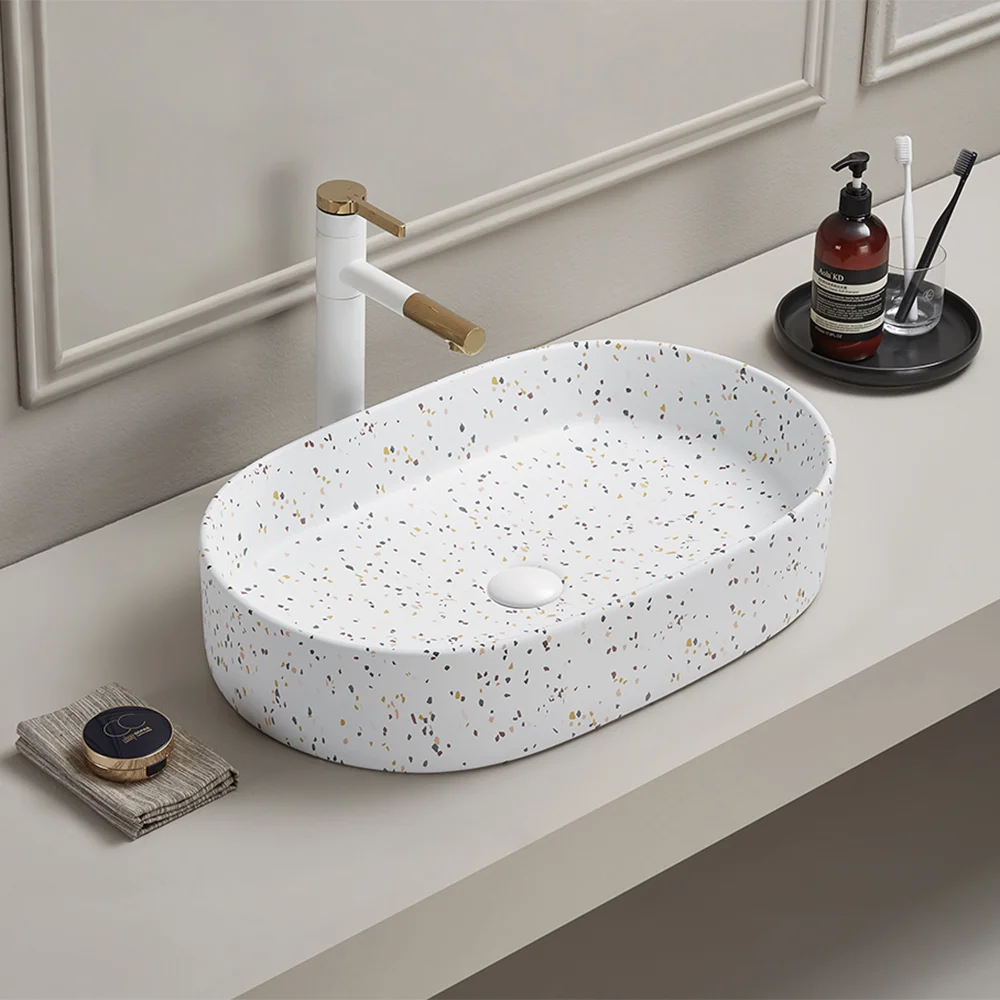 Arezzo Gloss White Terrazzo Effect Oval Countertop Basin – 600 x 380mm Ceramic Sink