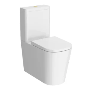 Arezzo Square BTW Close Coupled Rimless Toilet with Soft Close Seat (Brushed Brass Flush + Hinges)