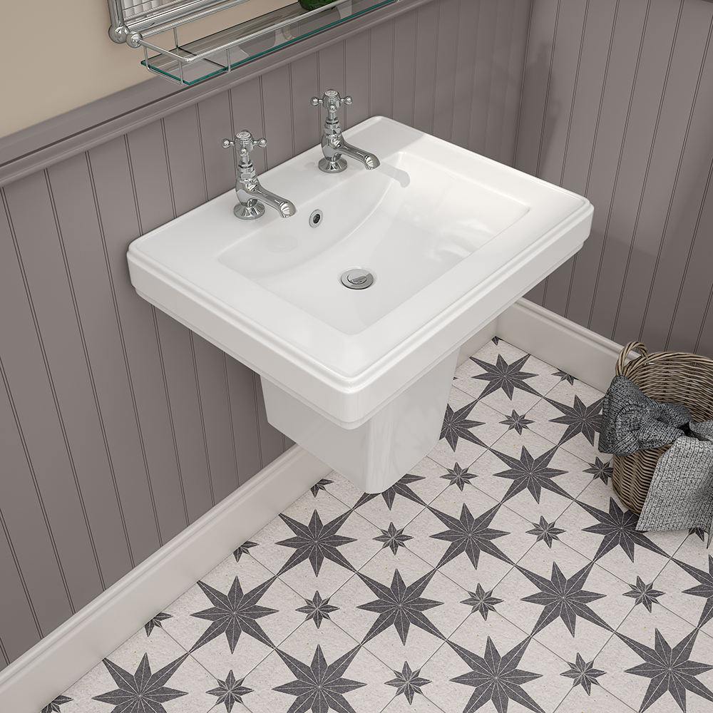 Chatsworth 580mm Square Basin with Semi Pedestal (2 Tap Hole) - Image 3