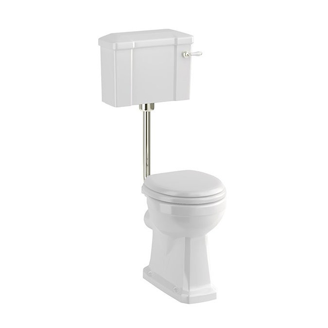 Burlington Standard Low Level WC - 51cm White Ceramic Cistern Lever Flush - Brushed Nickel