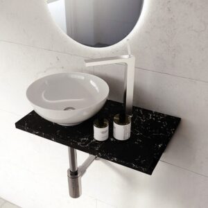 Arezzo 500mm Black Carrara Marble Floating Shelf with Round Gloss White Basin