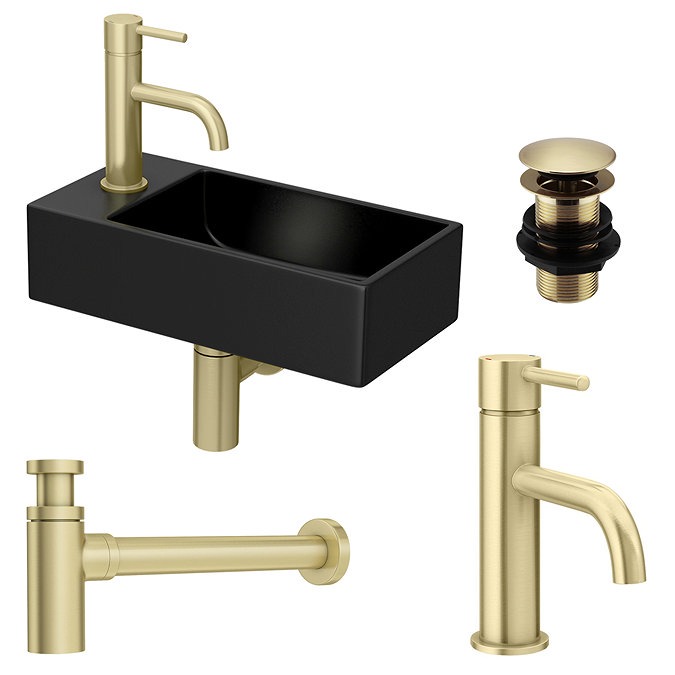 Arezzo 410 x 210 Square Wall Hung Basin with Tap Package (Matt Black - Brushed Brass) - Image 2