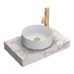 Arezzo 600mm Matt White & Gold Effect Marble Shelf with White Round Basin