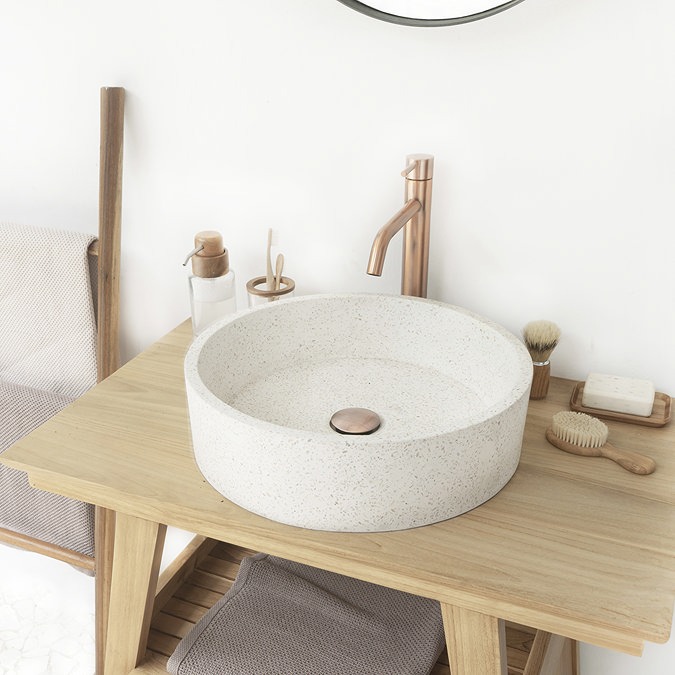 Arezzo Stone White Terrazzo Effect Round Counter Top Basin - 405mm Diameter - Image 2