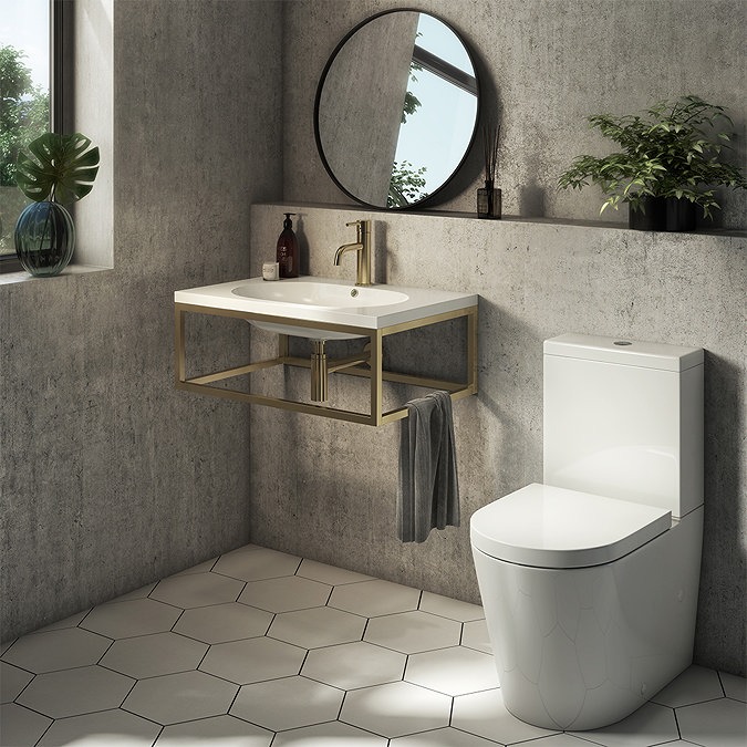 Arezzo 500 Wall Hung Basin with Brushed Brass Towel Rail Frame - Image 2