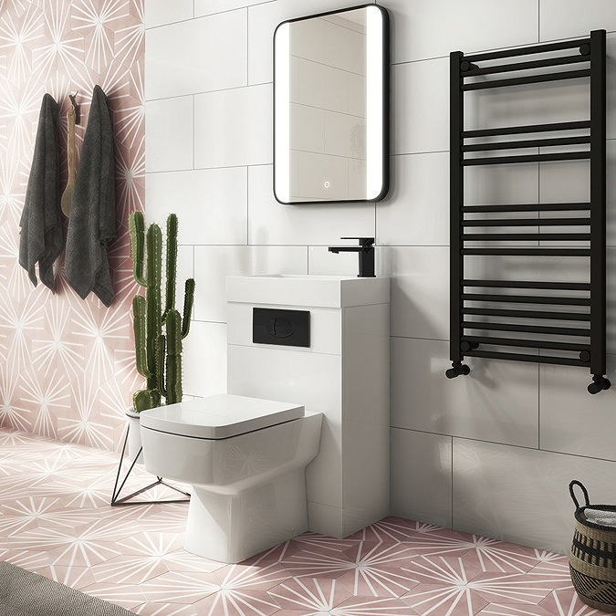 Brooklyn White Gloss Combined Two-In-One Wash Basin, Toilet & Matt Black Flush Plate (500mm wide x 300mm)