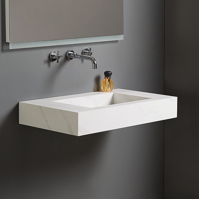 Arezzo 800mm Wall Hung Basin & Shelf Set - White Marble Sintered Stone - Image 2