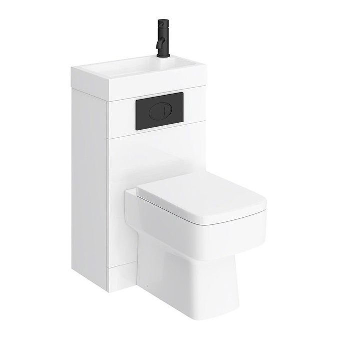 Brooklyn White Gloss Combined Two-In-One Wash Basin, Toilet & Matt Black Flush Plate (500mm wide x 300mm) - Image 2