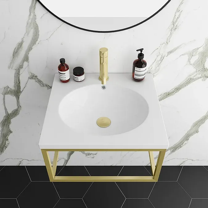 Arezzo 500 Wall Hung Basin with Brushed Brass Towel Rail Frame - Image 6