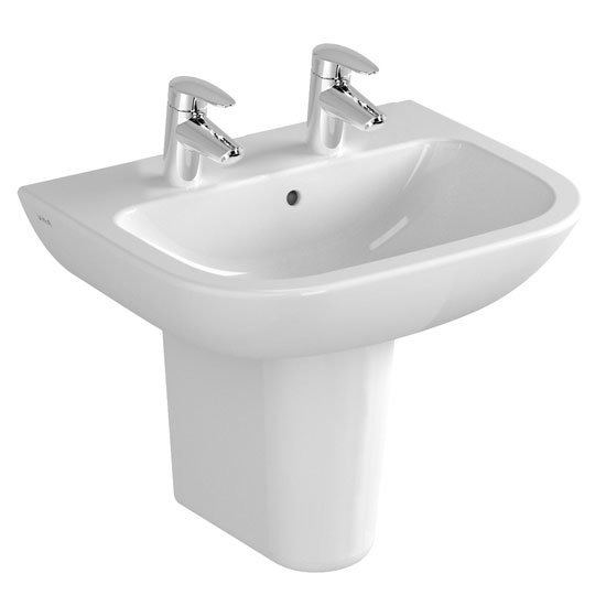VitrA S20 Wall Mounted Basin and Half Pedestal - 2 Tap Hole - Image 2