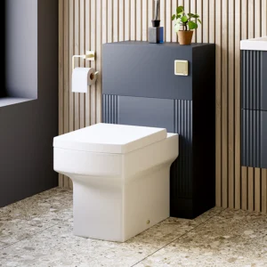 Roxbury Deco Fluted 500mm Anthracite Grey WC Unit with Concealed Cistern, Brushed Brass Flush Plate & Back To Wall