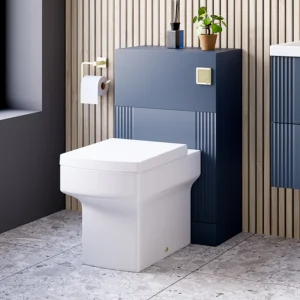 Roxbury Deco Fluted 500mm Blue WC Unit with Concealed Cistern, Brushed Brass Flush Plate & Back To Wall Pan