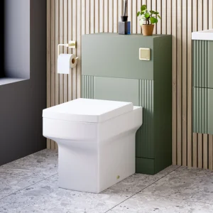 Roxbury Deco Fluted 500mm Green WC Unit with Concealed Cistern, Brushed Brass Flush Plate & Back To Wall Pan