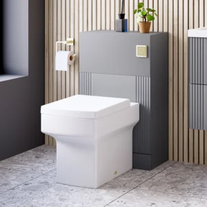 Roxbury Deco Fluted 500mm Grey WC Unit with Concealed Cistern, Brushed Brass Flush Plate & Back To Wall Pan