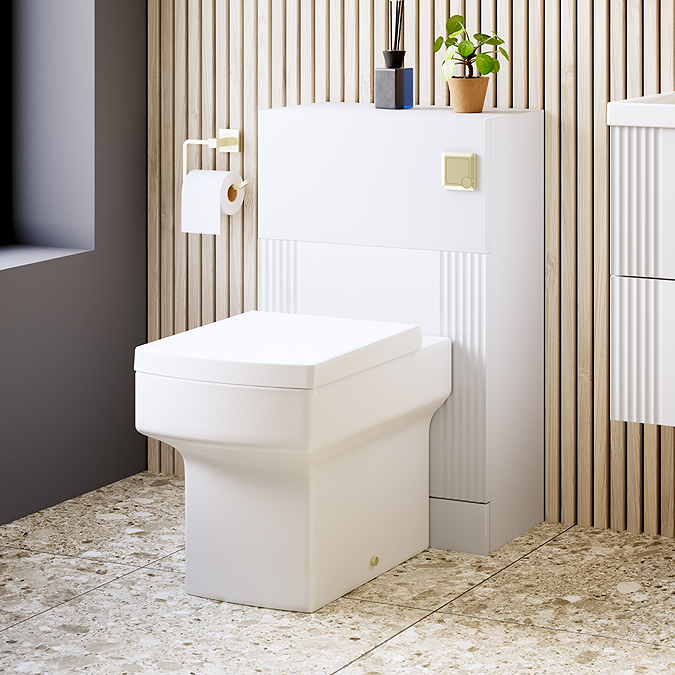 Roxbury Deco Fluted 500mm White WC Unit with Concealed Cistern, Brushed Brass Flush Plate & Back To Wall Pan