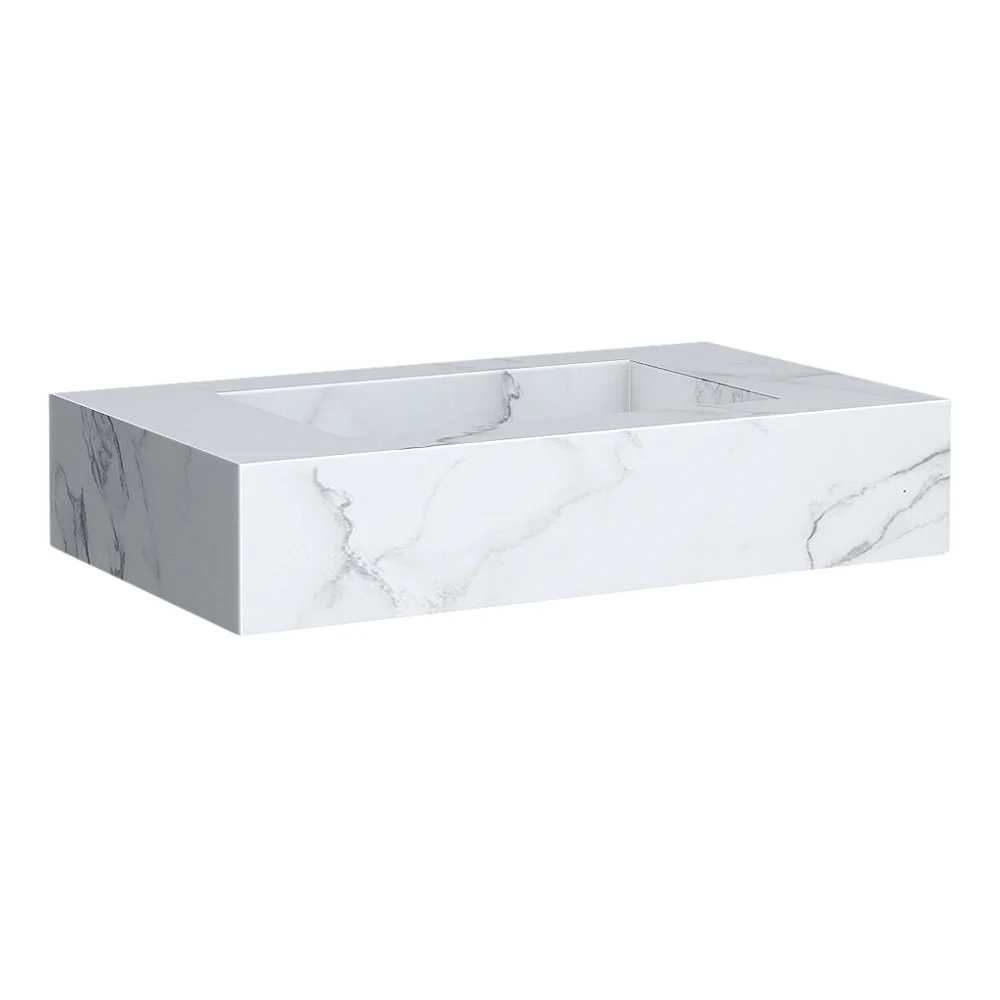 Arezzo Wall Hung Sintered Stone Basin 800 x 460mm - White Marble - Image 2