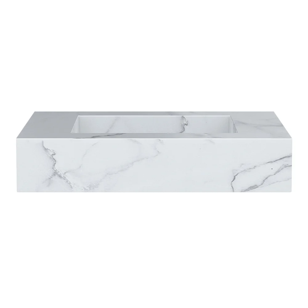 Arezzo Wall Hung Sintered Stone Basin 800 x 460mm - White Marble - Image 4