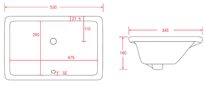 Fresco Rectangular Under Counter Basin 0TH - 530 x 345mm - Image 3