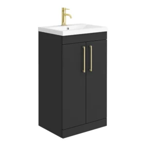 Arezzo 500 Matt Black Floor Standing Vanity Unit with Brushed Brass Handles