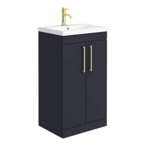 Arezzo 500 Matt Blue Floor Standing Vanity Unit with Brushed Brass Handles
