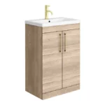 Arezzo Floor Standing Vanity Unit - Rustic Oak - 600mm with Brushed Brass Handles