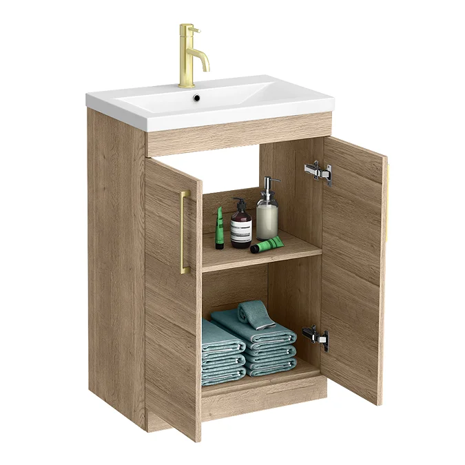 Arezzo Floor Standing Vanity Unit - Rustic Oak - 600mm with Brushed Brass Handles - Image 3