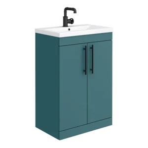 Arezzo Floor Standing Vanity Unit - Matt Teal Green - 600mm with Industrial Style Matt Black Handles