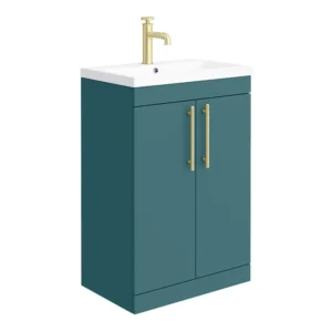 Arezzo Floor Standing Vanity Unit - Matt Teal Green - 600mm with Industrial Style Brushed Brass Handles