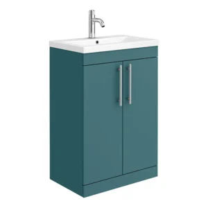 Arezzo Floor Standing Vanity Unit - Matt Teal Green - 600mm with Industrial Style Chrome Handles