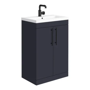 Arezzo Floor Standing Vanity Unit - Matt Blue - 600mm with Industrial Style Black Handles