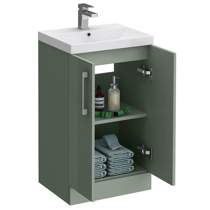 Roxbury Deco Fluted 500mm Green Vanity Unit - Floor Standing 2 Door Unit with Chrome Handles - Image 3