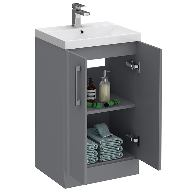 Roxbury Deco Fluted 500mm Grey Vanity Unit - Floor Standing 2 Door Unit with Chrome Handles - Image 3
