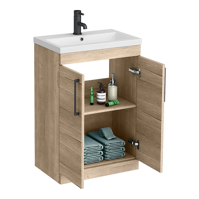 Arezzo Floor Standing Vanity Unit - Rustic Oak - 600mm with Matt Black Handles - Image 2